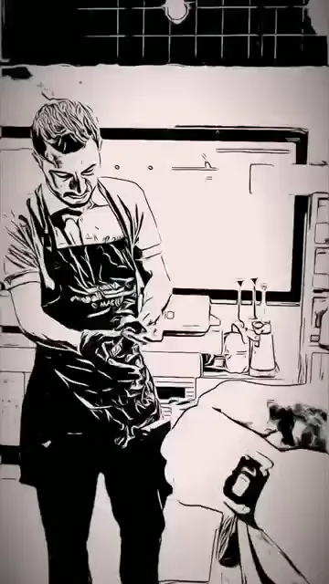 Duvardaki siyah-beyaz usta çizimiyle açılan kayıtta, önlük giymiş iki kişi kırmızı aracın kaputu başında çalışıyor. Döner pedli makine yüzeyde geziyor, ped ve makine ellerde değişiyor, aralarda yüzeye yakından bakılıyor. Konuşma yok; kareler yalnız makine, ped ve kaputtaki yansımayı gösteriyor.