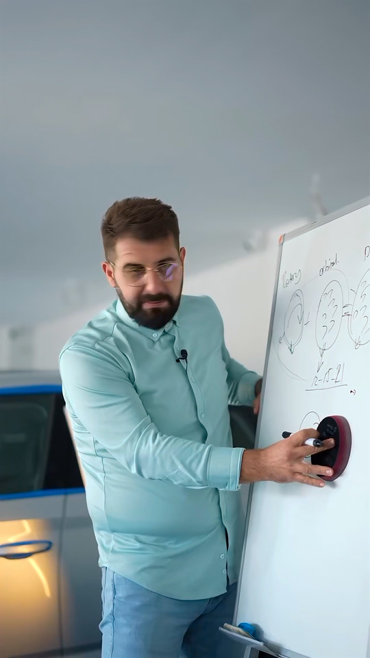 Orbital polisaj makinesinin tabanının merkezden uzaklaşarak yaptığı salınımı eğitmenimiz pasta cila eğitiminde tahtada çizerek anlatıyor.