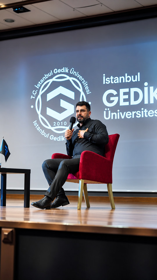 Söyleşinin sohbet bölümünde Lokman İn sahnedeki koltuktan öğrencilerle konuşuyor; İstanbul Gedik Üniversitesi buluşması.